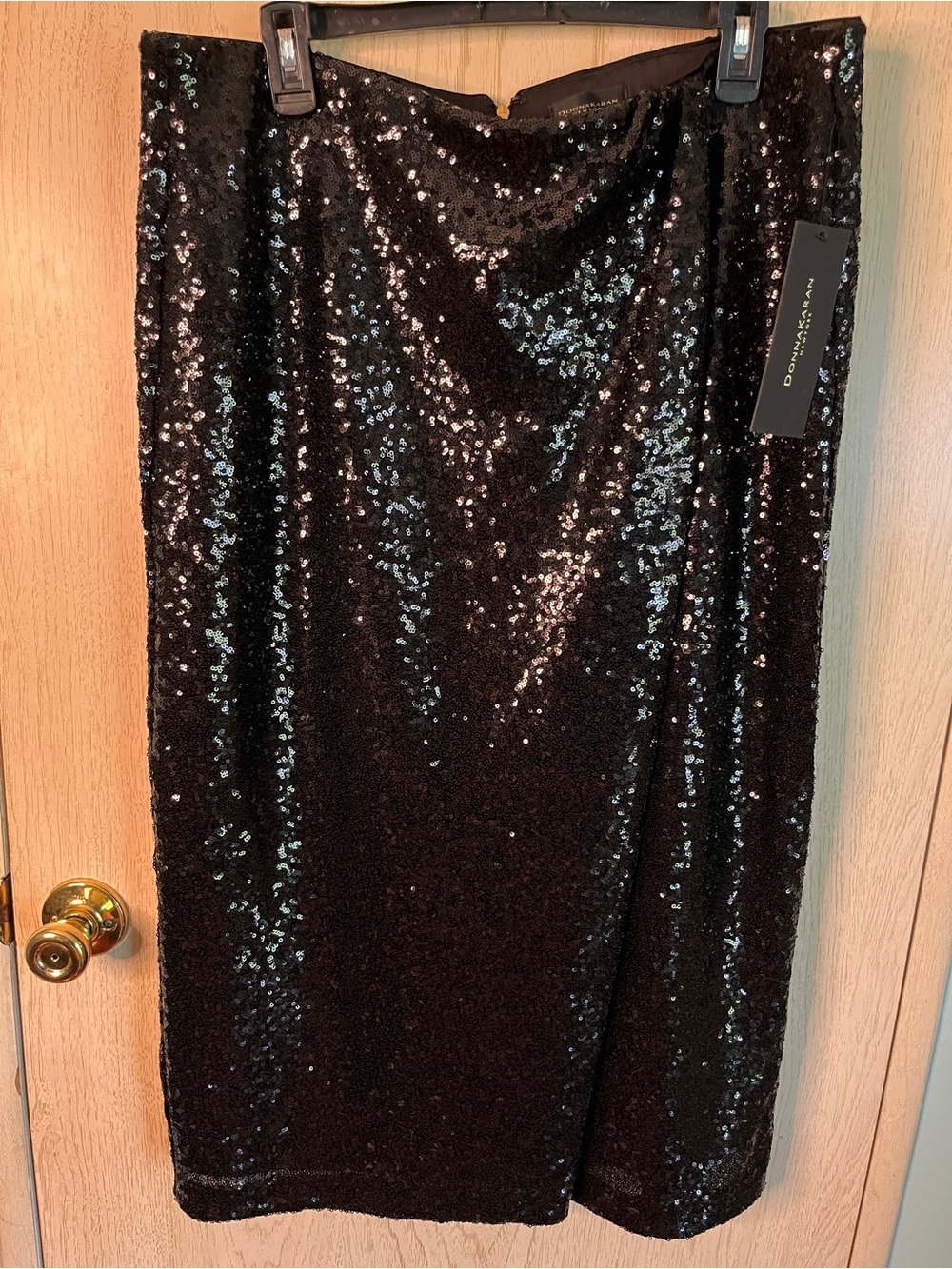 Donna Karan New York Women's Black Sequin Faux-Wrap Stretch Midi Skirt Sz 16 NEW